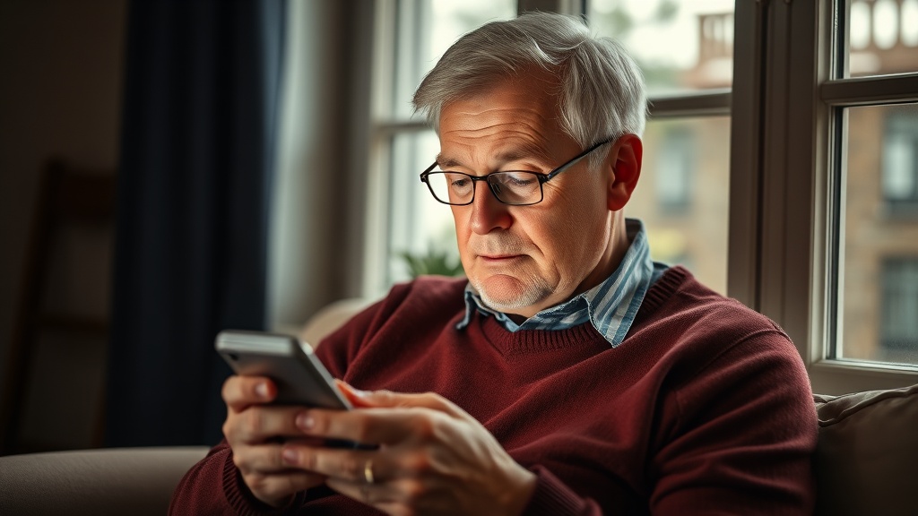 Man van rond de 60 leest aandachtig berichten op zijn telefoon