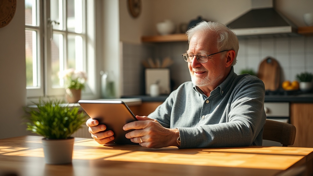 Een 50-plusser gebruikt ontspannen een tablet aan de keukentafel