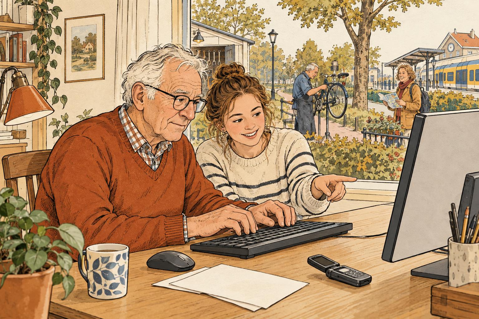 Illustratie van een oudere man die aan zijn computer een pincode intypt, met zijn kleindochter naast zich