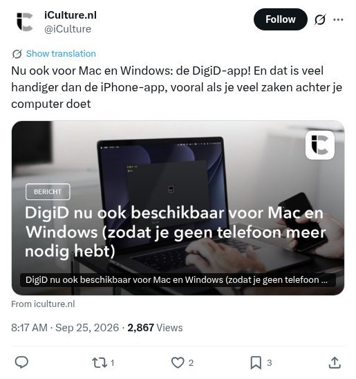 Post van iCulture op X: DigiD nu ook beschikbaar voor Mac en Windows