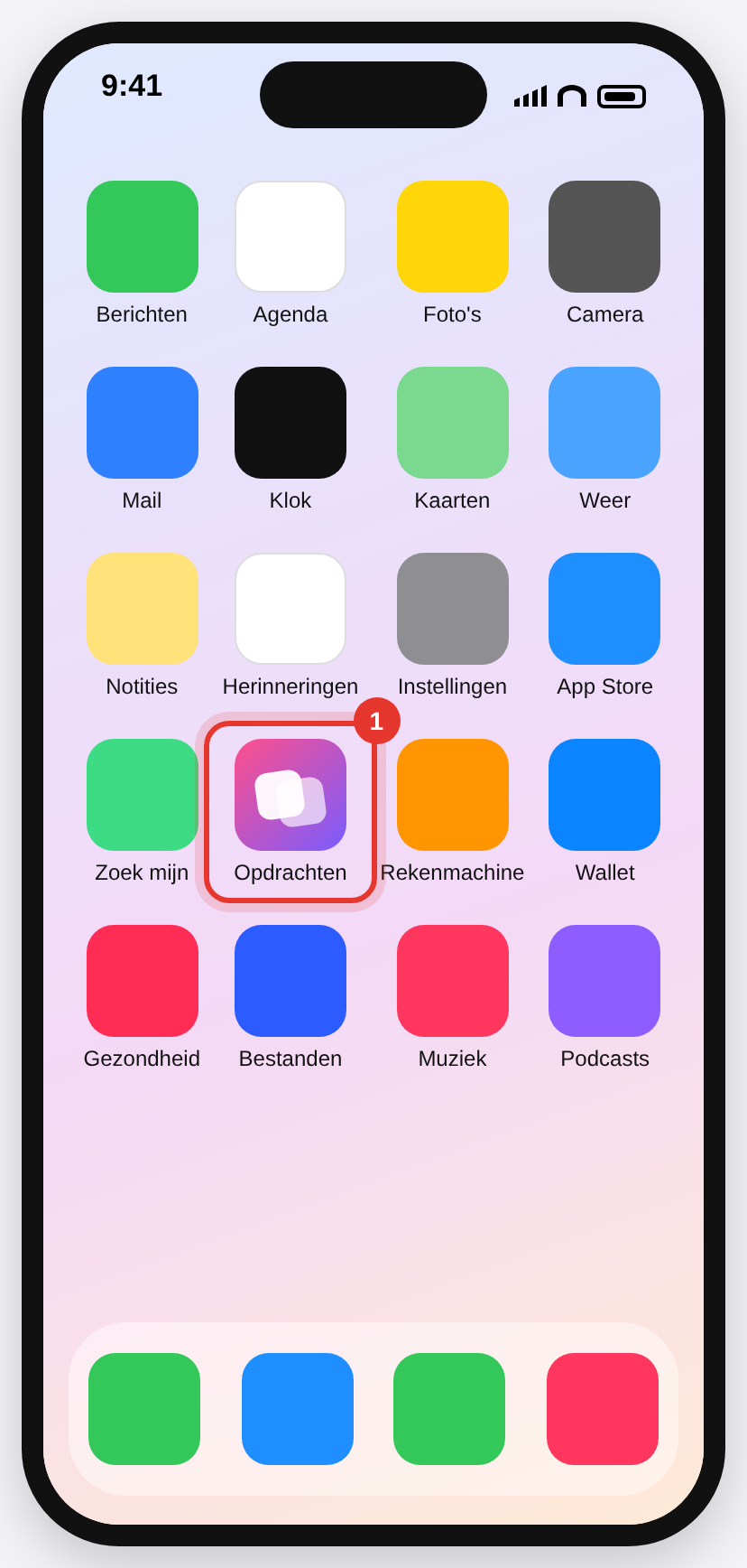 Beginscherm van een iPhone met de app Opdrachten rood omcirkeld