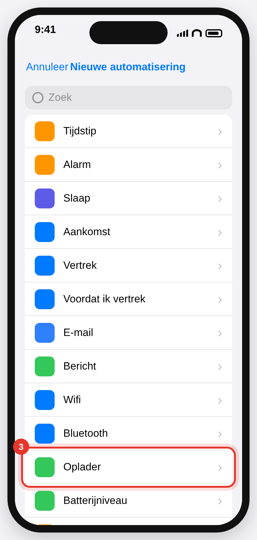 Lijst met aanleidingen voor een nieuwe automatisering, Oplader is omcirkeld