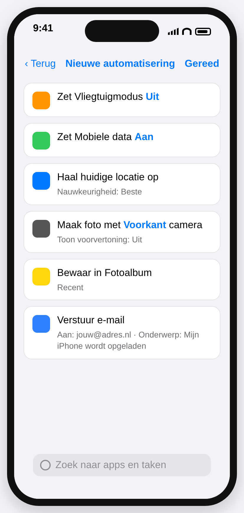 De volledige automatisering met zes actiekaartjes onder elkaar