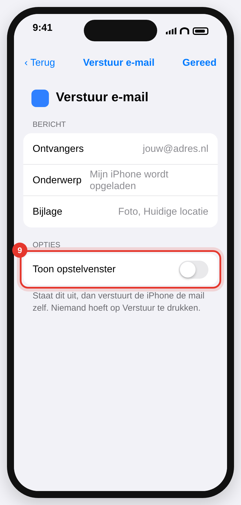 Opties van de actie Verstuur e-mail met ontvanger, onderwerp en het opstelvenster uitgeschakeld