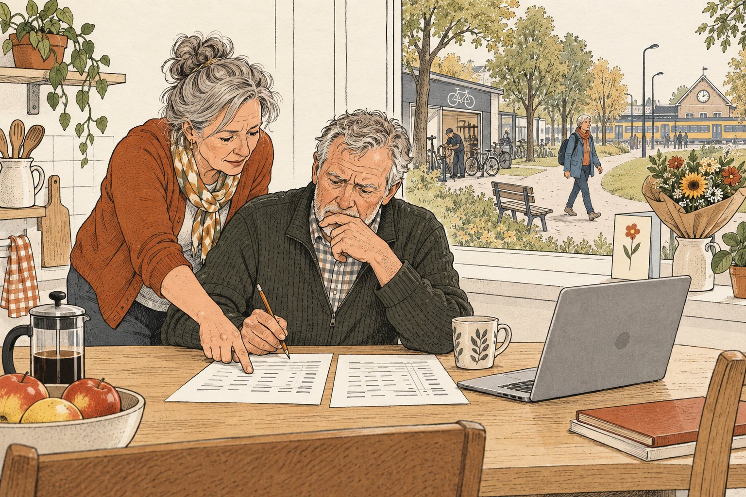Man van in de zestig vergelijkt aan de keukentafel twee vellen met pensioenbedragen terwijl zijn vrouw meekijkt