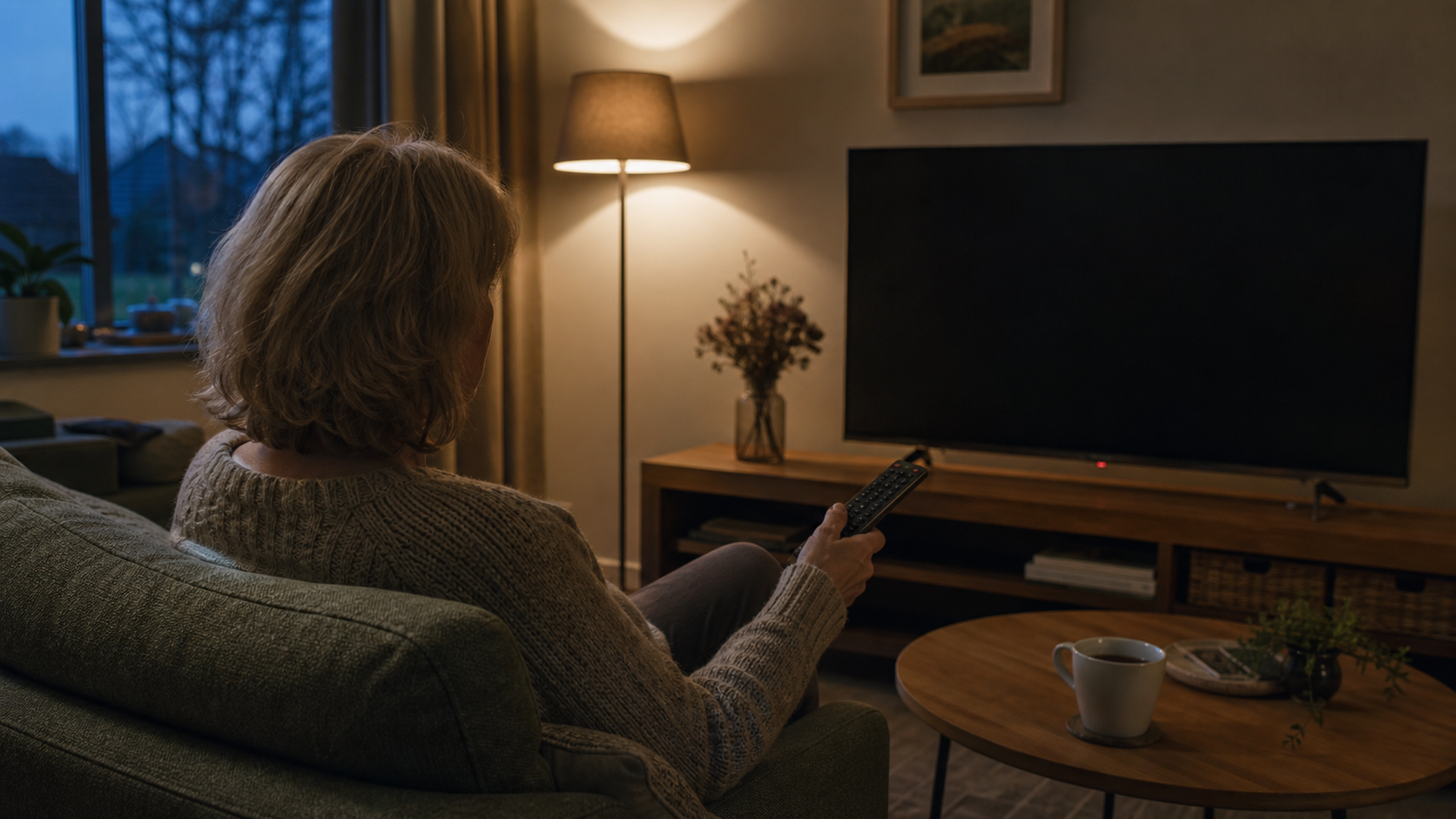 Vrouw met afstandsbediening voor een donker televisiescherm in de woonkamer