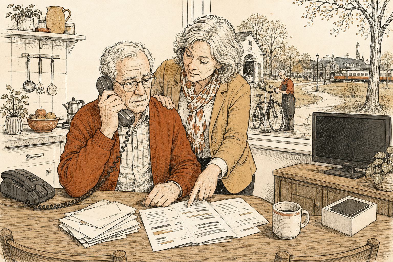 Oudere man met vaste telefoon aan tafel vol rekeningen, dochter wijst een regel aan; ongebruikte smartphone in doos op het dressoir