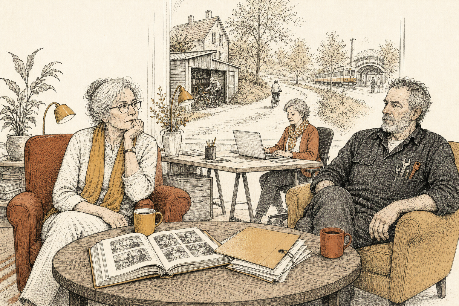 Illustratie: ouder echtpaar zit in twee losse stoelen met een fotoalbum en een map papieren op tafel