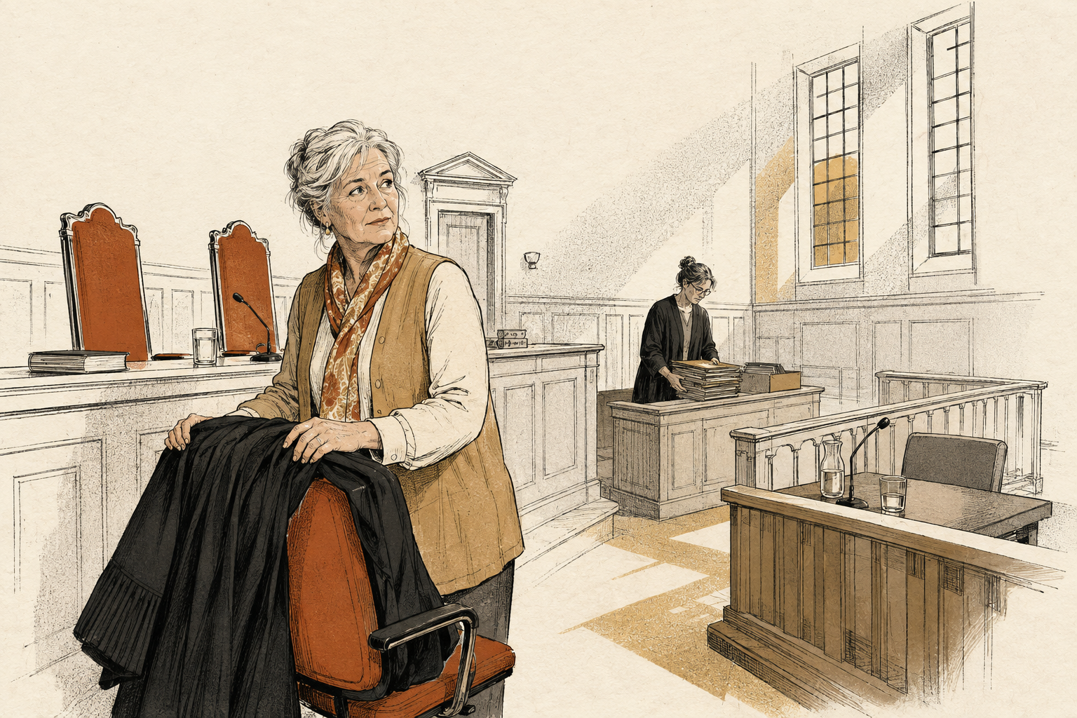Oudere vrouwelijke rechter vouwt na haar laatste zitting haar toga over een stoelleuning en kijkt om naar de lege zaal, een griffier stapelt op de achtergrond dossiers