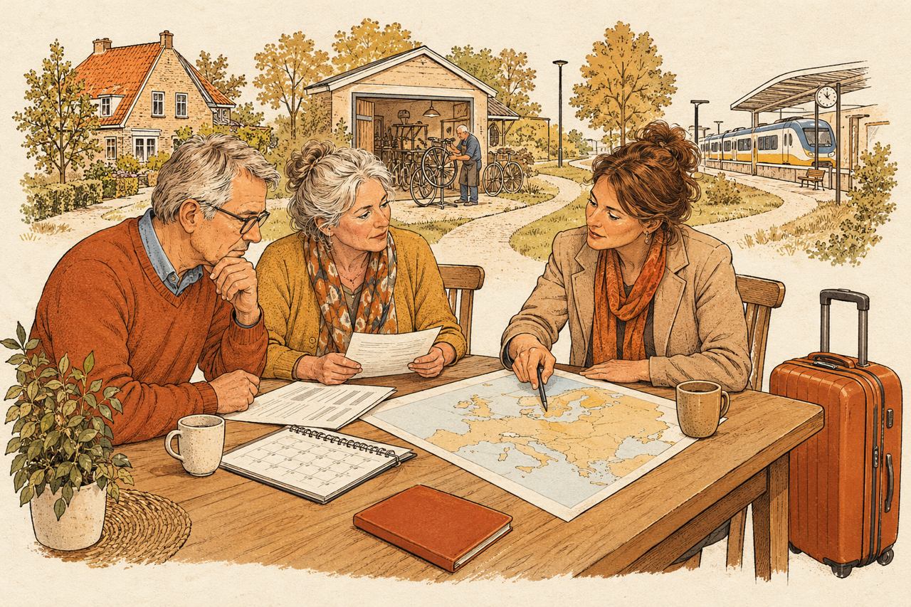 Illustratie van drie vijftigplussers die pensioenpapieren en een verhuiskalender vergelijken