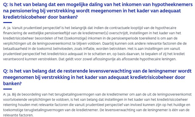 De twee vragen en antwoorden van DNB over pensioeninkomen en levensverwachting bij het verstrekken van een hypotheek