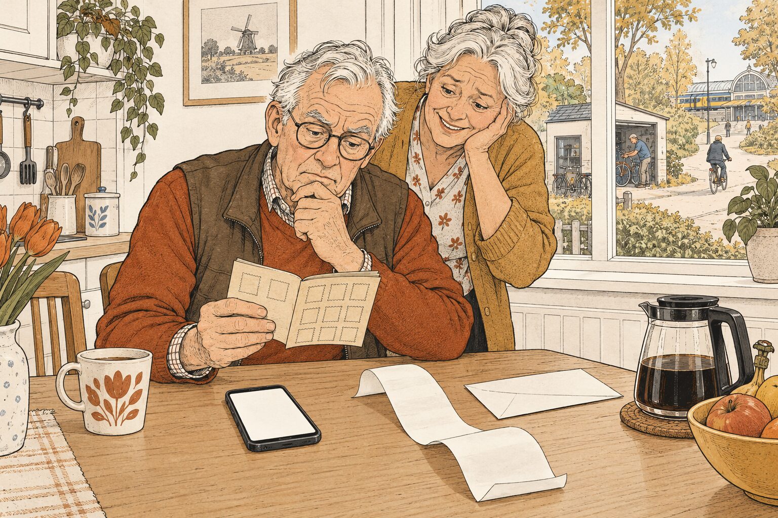 Illustratie: een oudere man aan de keukentafel houdt een oud koopzegelboekje vast en kijkt naar een telefoon met een leeg scherm, naast hem een kassabon en een envelop