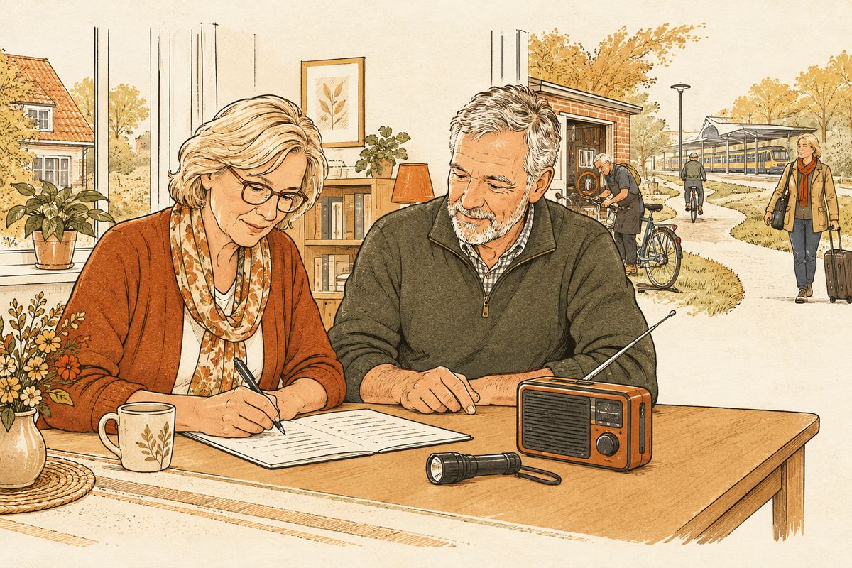 Twee oudere buren maken op papier afspraken bij een radio en zaklamp