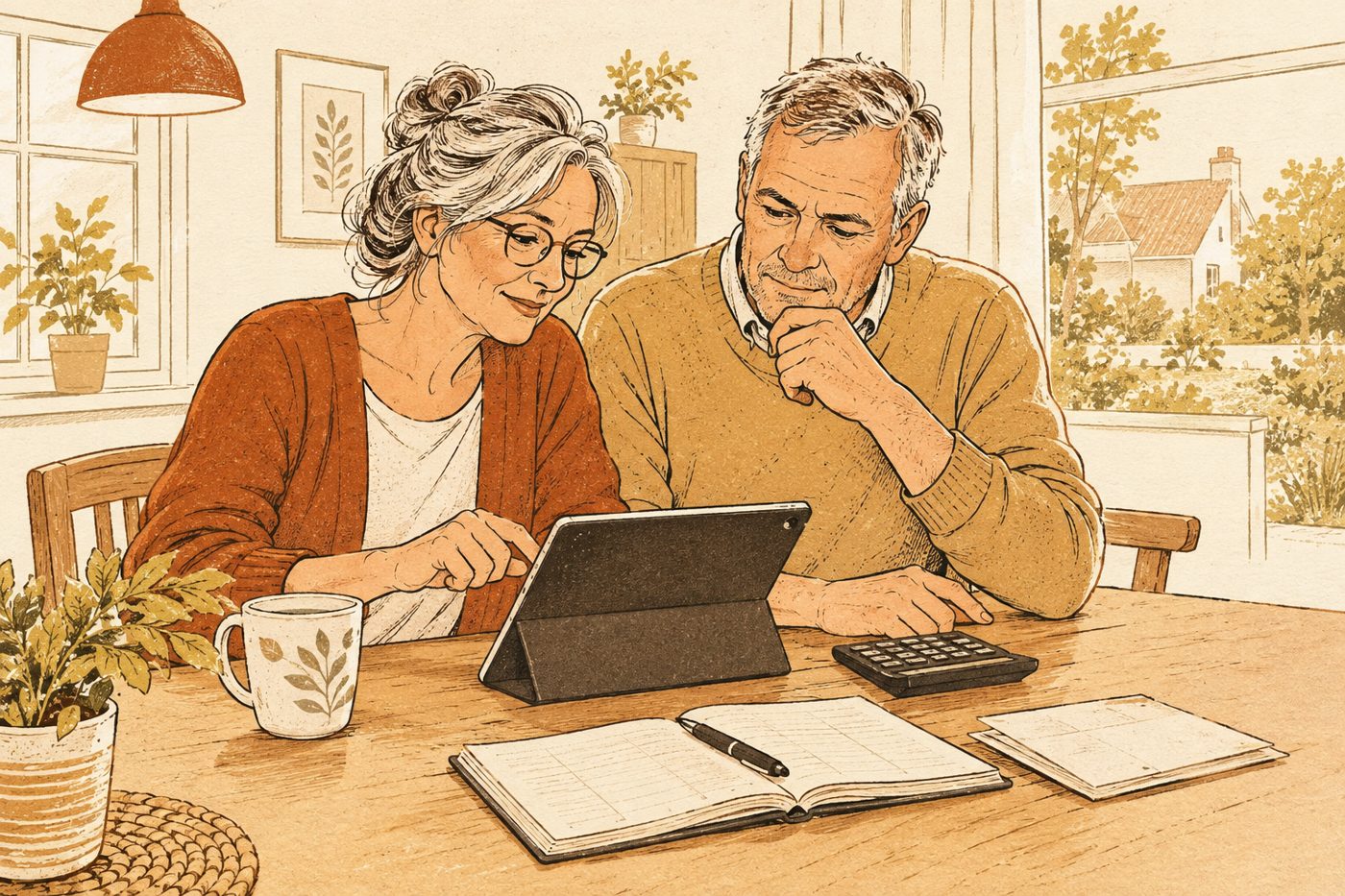 Illustratie van spaarders die hun rekening en rentebedrag bekijken