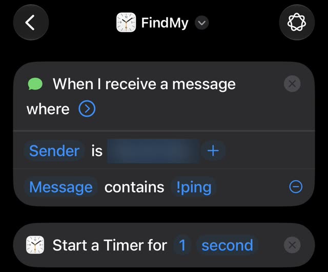 Jake Mors opdracht in iOS 27: als ik een bericht ontvang met !ping, start een timer van 1 seconde