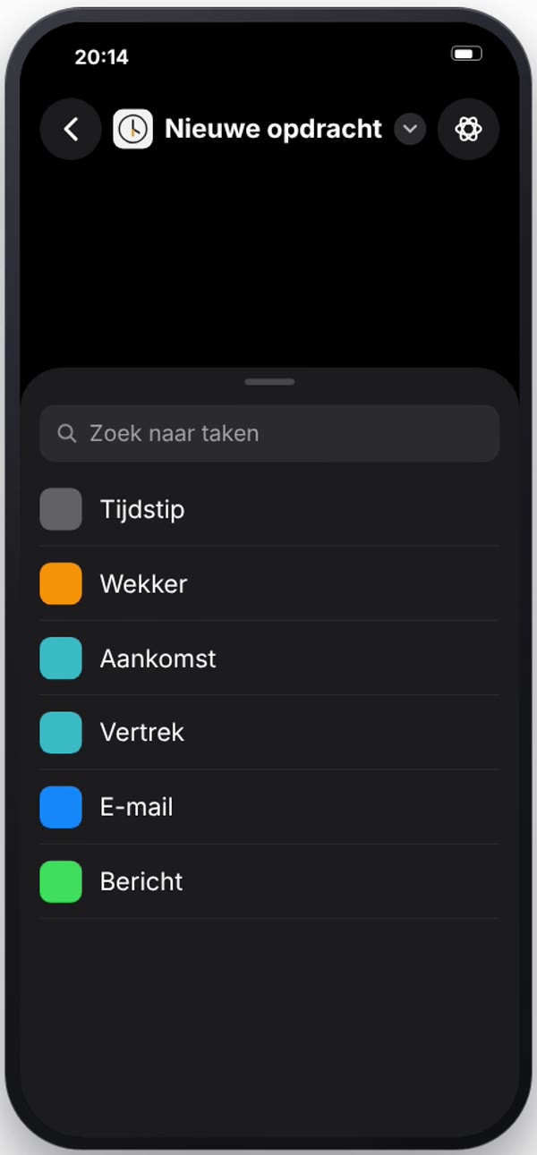 Lijst met automatiseringen in Opdrachten, met onderaan Bericht