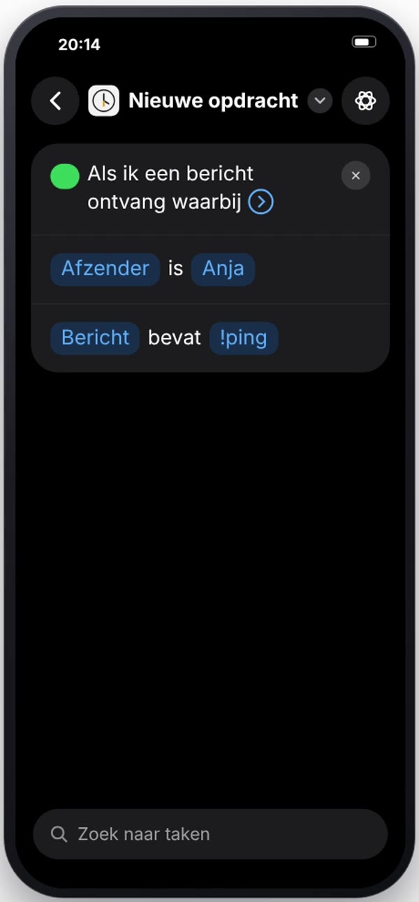 Het blok Als ik een bericht ontvang, met Afzender is Anja en Bericht bevat !ping