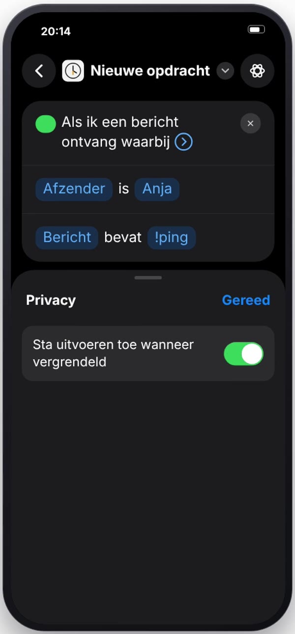 Privacy-instellingen van de opdracht met de schakelaar voor uitvoeren bij vergrendeling aan