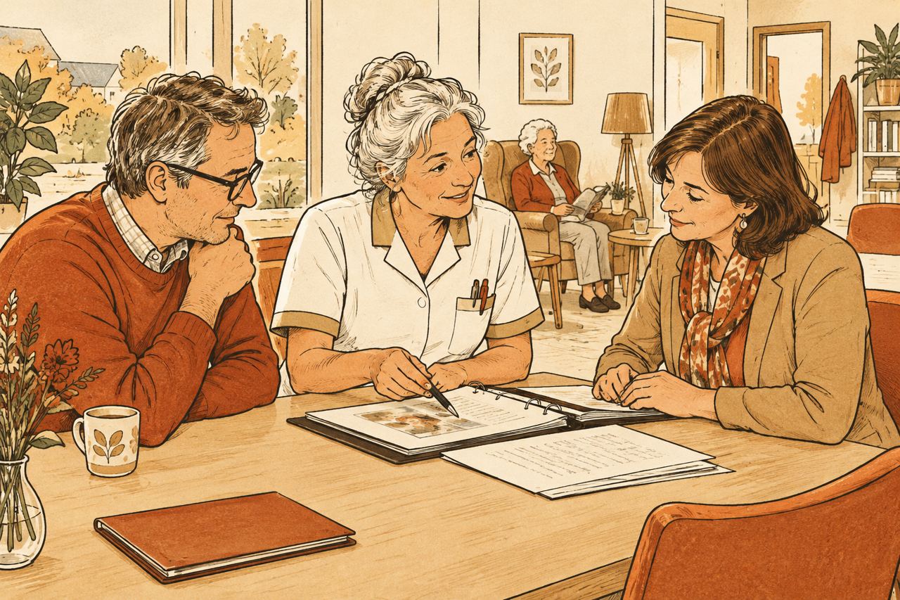 Familieleden bespreken gedateerde zorgen met een zorgmedewerker